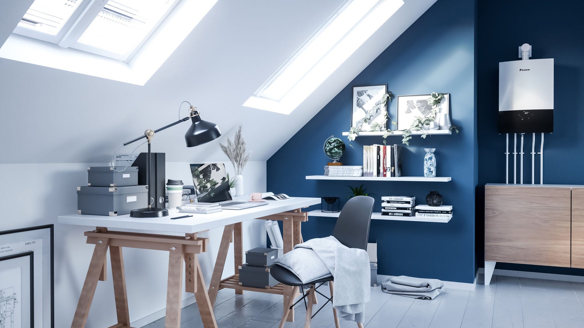 Vnitřní jednotka plynového kondenzačního kotle instalovaná ve společném pokoji